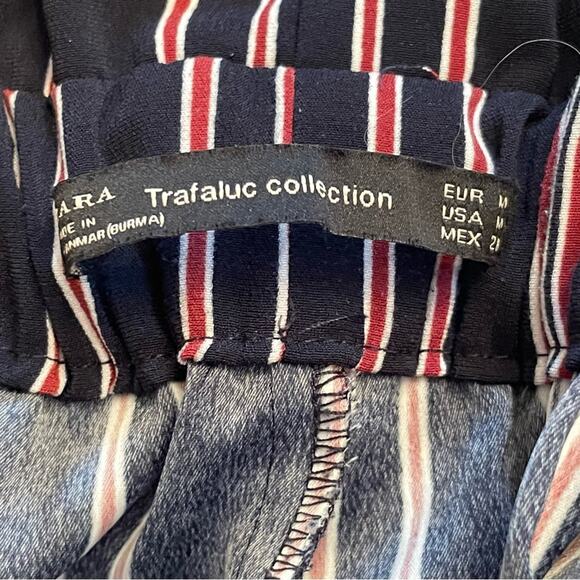 Zara M stripe gouchos pant trousers summer black white red belt pocket high rise - Picture 4 of 7